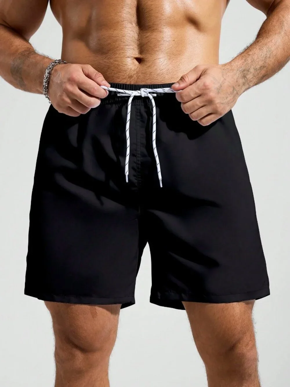 Black Sports Outdoor Men's Pocket Drawstring Waist Beach Shorts